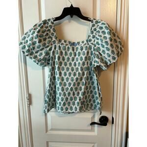 Cece Blouse White Printed Square Neckline Puff Sleeve Medium